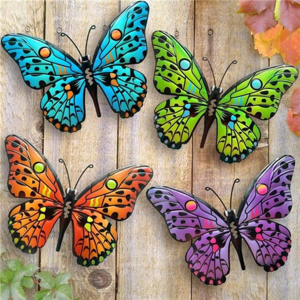 Metal Butterfly Wall Decor - 9.5" Outdoor Fence Wall Art Decor, Hanging (4 Pack)